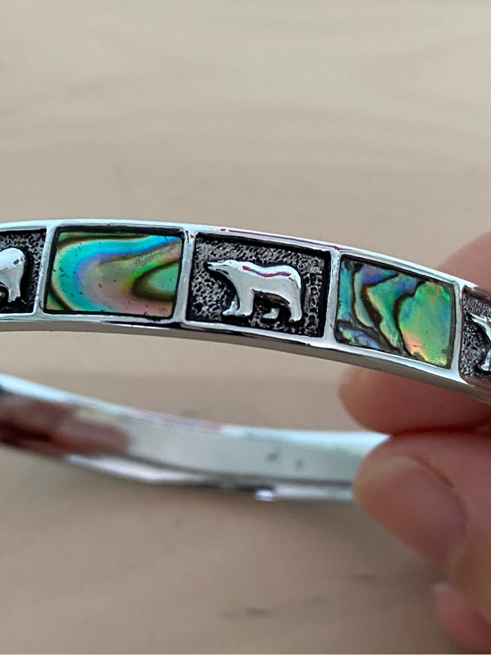 Abalone Inlay Bear Silver-Tone Women’s Bangle Bracelet